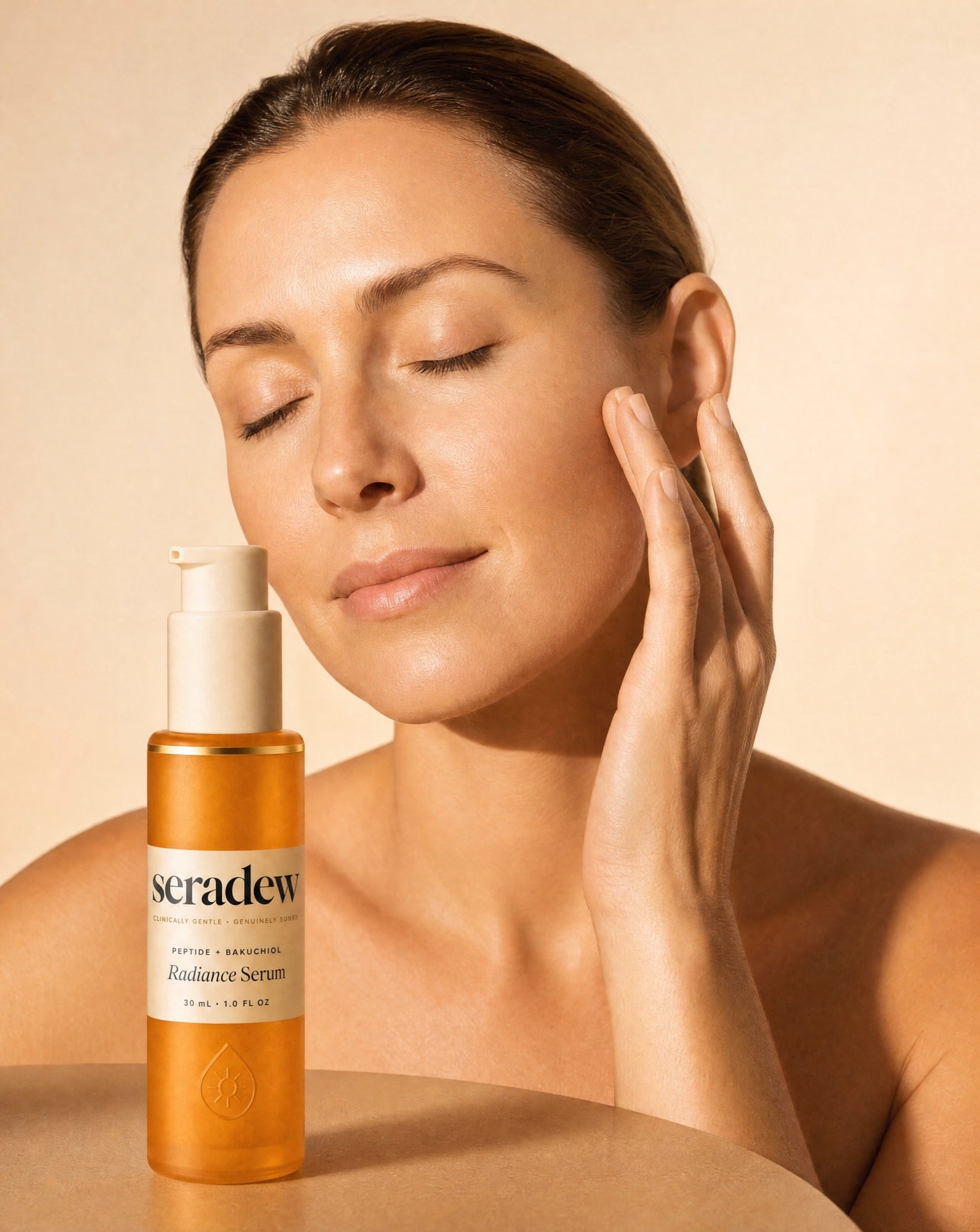Seradew Radiance Serum beside sun-soaked, dewy skin